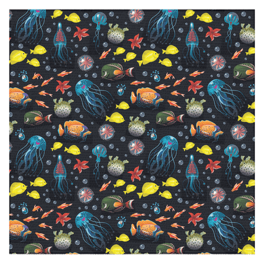 Colorful deep sea fish and jellyfish tablecloth - perfect for adding a touch of aquatic flair to your dining room or outdoor table.