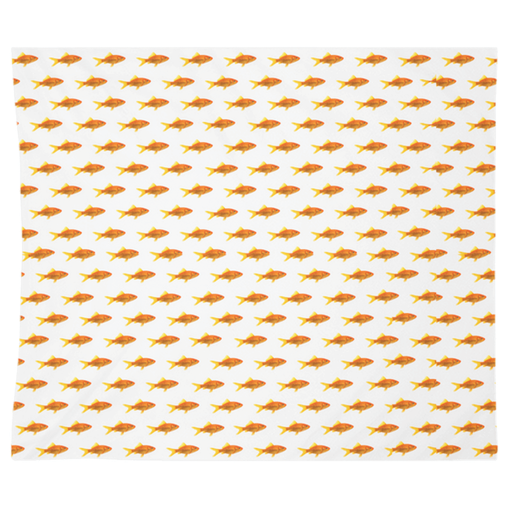 Vibrant goldfish wall tapestry with hand-sewn edges, perfect fish themed wall art for any room.