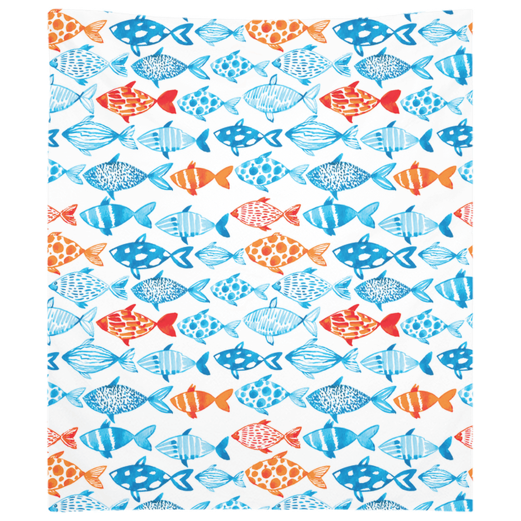 Colorful fish wall tapestry with vibrant blue and orange fish pattern, perfect fish decor for adding style to any room.