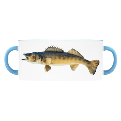 Walleye accent mug with light blue handle and rim on white background.