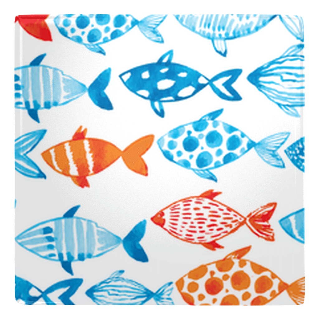 Colorful watercolor fish decor with blue and orange patterns, perfect for fun fridge magnets collection.