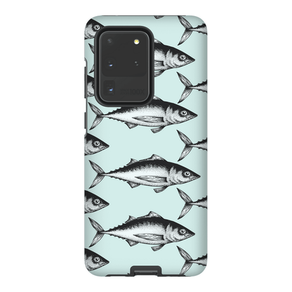 Phone case with a repeating fish pattern design on a mint background.