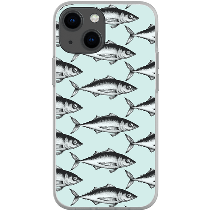 "Phone case with black fish pattern on a light blue background"