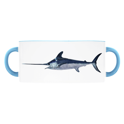 Ceramic mug with a swordfish illustration, blue handles, isolated on white background.