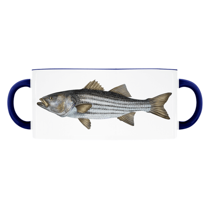 Ceramic mug with a striped bass fish illustration and blue handles.