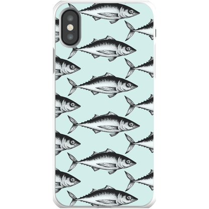 "Phone case with fish pattern design on a light blue background"