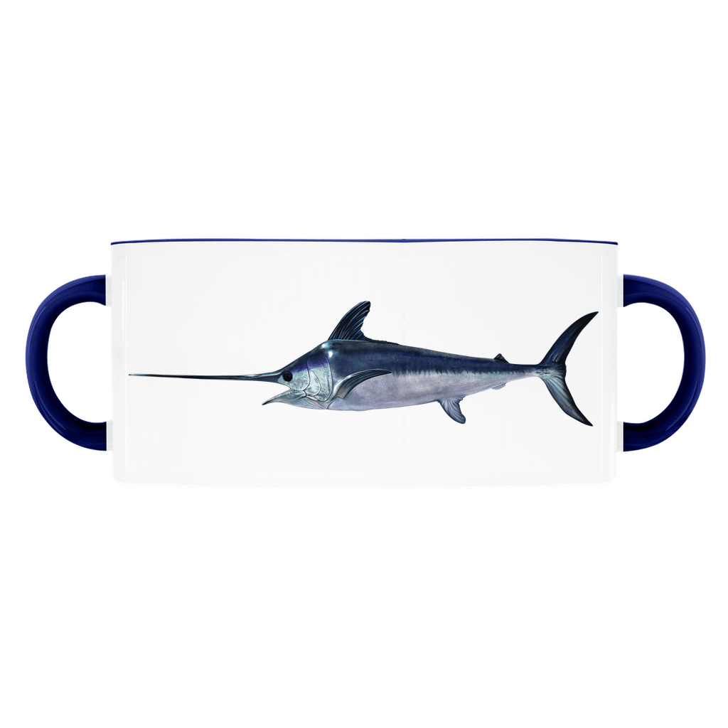 "White mug with blue handles featuring a detailed illustration of a swordfish swimming, perfect for ocean lovers and fishing enthusiasts."