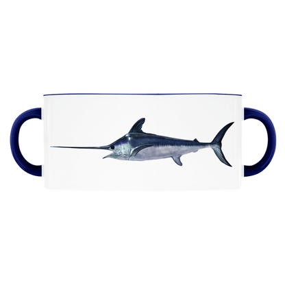 "White mug with blue handles featuring a detailed illustration of a swordfish swimming, perfect for ocean lovers and fishing enthusiasts."