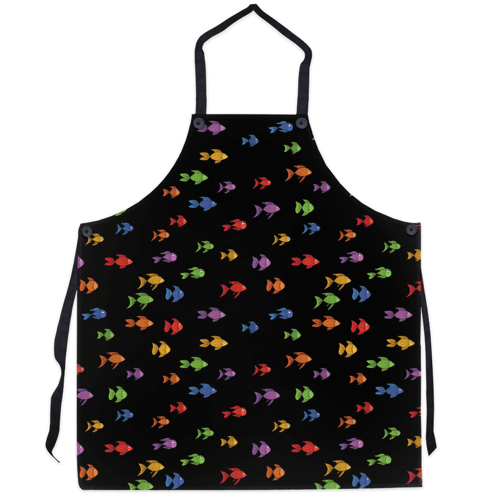 Colorful fish on black apron - perfect for marine enthusiasts and cooking lovers. Brighten your kitchen with this vibrant ocean-themed design.