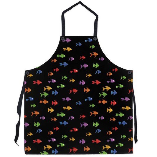 Colorful fish on black apron - perfect for marine enthusiasts and cooking lovers. Brighten your kitchen with this vibrant ocean-themed design.