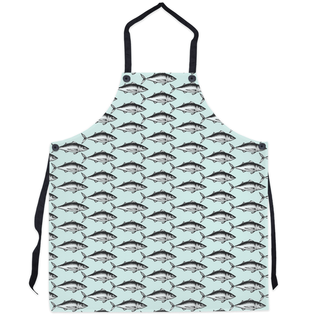 Apron with playful sardine fish design on light blue background, perfect for adding ocean charm to your kitchen and delighting seafood lovers.