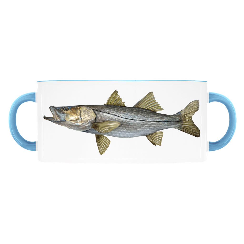 Ceramic mug featuring a detailed illustration of a fish with blue handles on a white background.