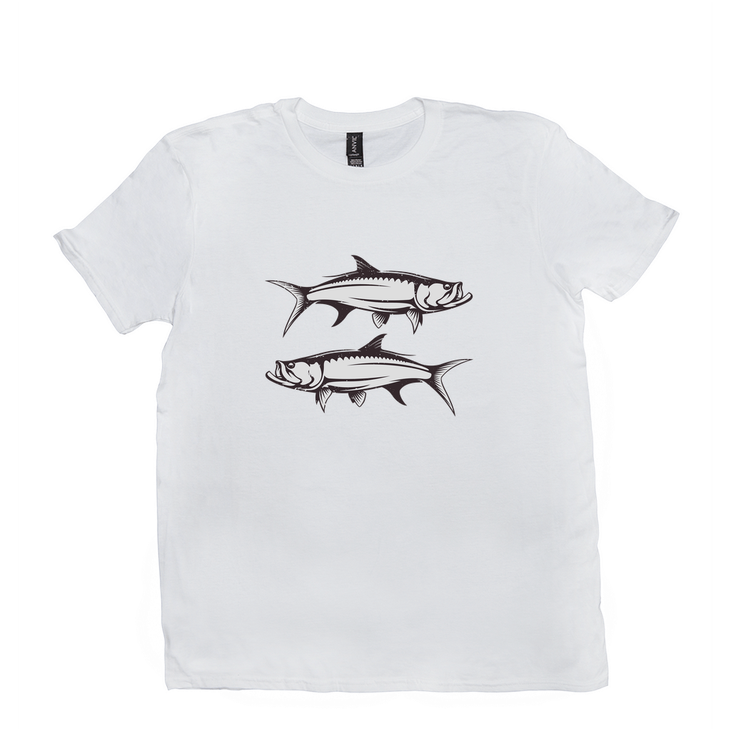 White Tarpon T-Shirt featuring black and white Tarpon fish design, perfect for fishing and angling enthusiasts. Crafted from 100% cotton.