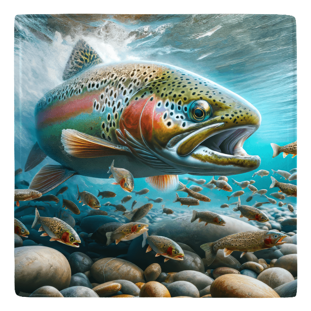 Bright trout swimming underwater surrounded by smaller fish. Perfect for fish décor enthusiasts.