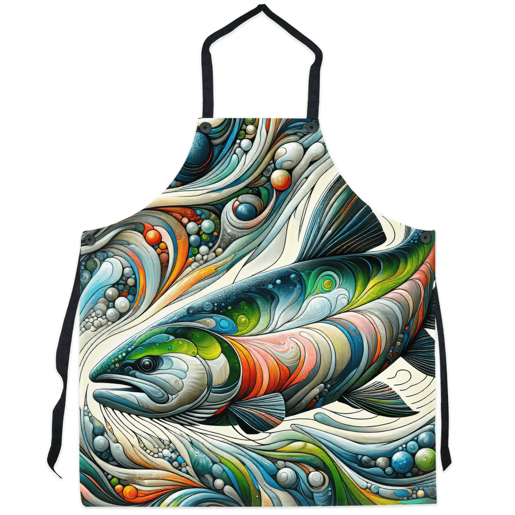 Vibrant apron with colorful abstract Chinook Salmon design, perfect for making a bold kitchen statement.