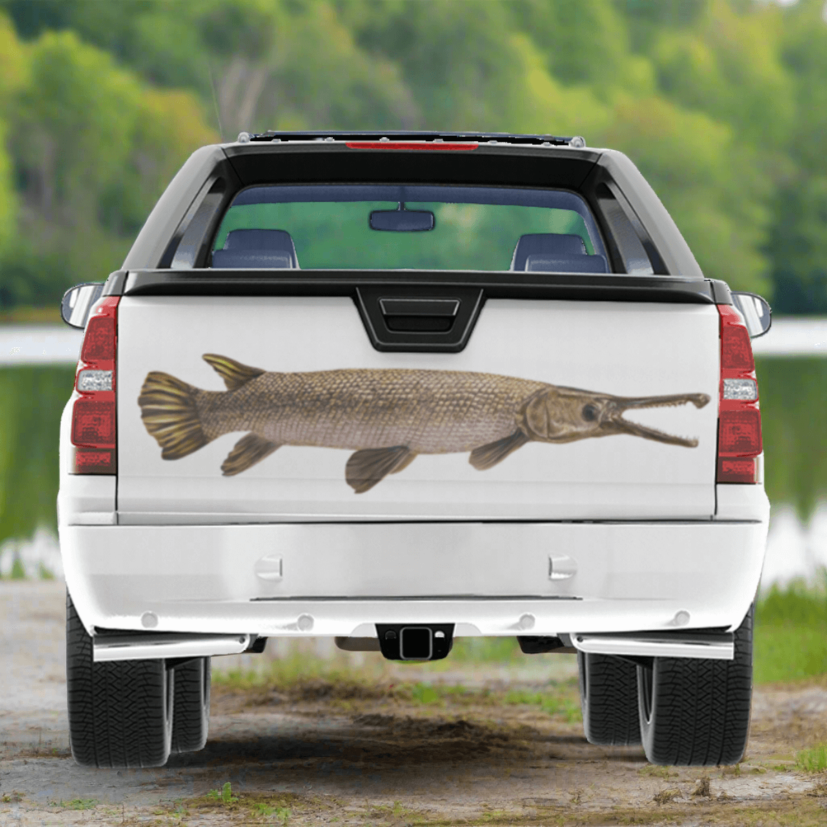 Large Alligator Gar decal on a truck parked by a river.