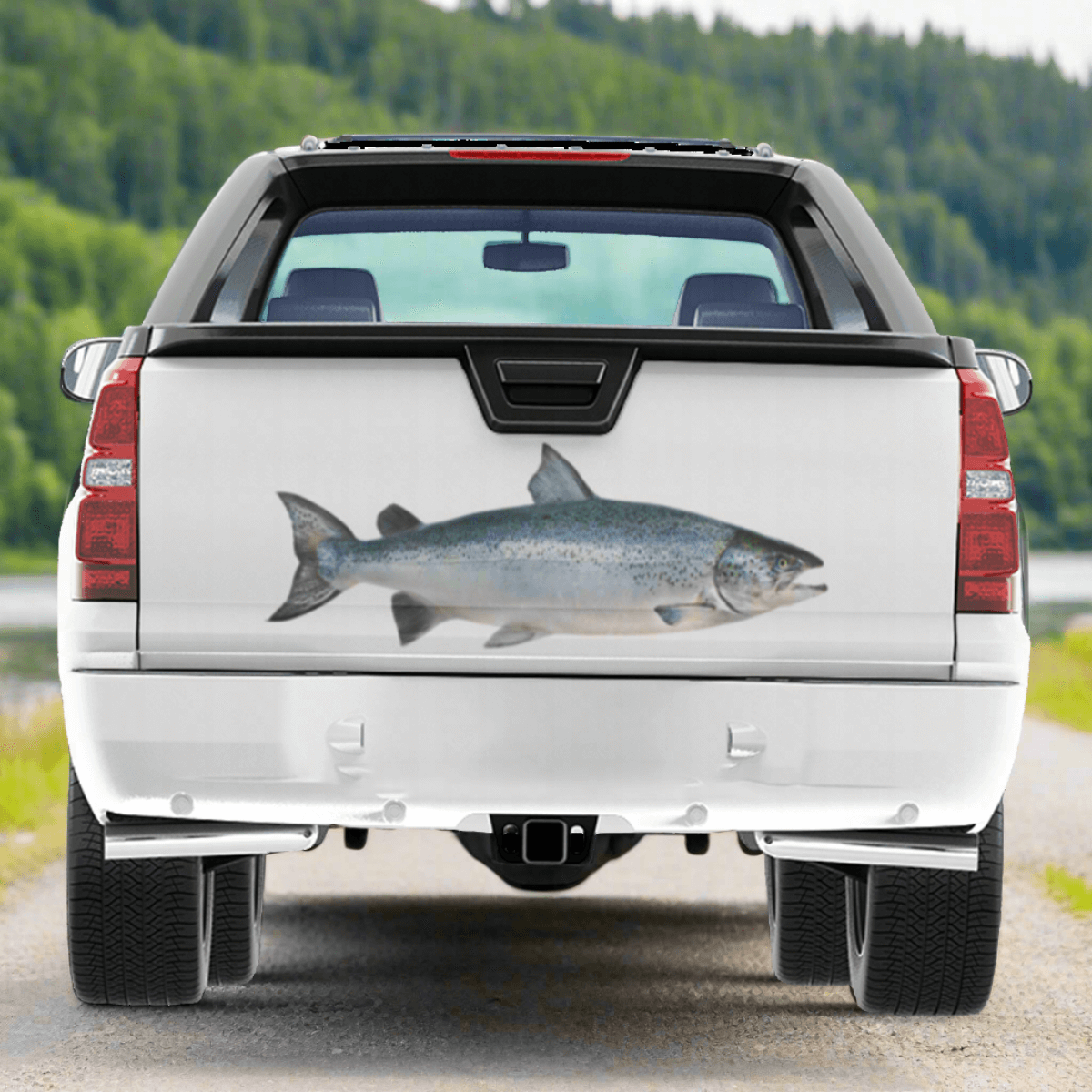 Large Atlantic Salmon decal on a truck, near a river.