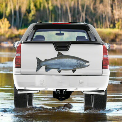 Atlantic Salmon decals on a truck crossing a freshwater river.