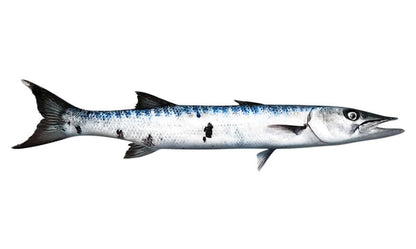 Barracuda fish wall decals, customizable 40"-70", left or right facing, add text, perfect for fish enthusiasts.