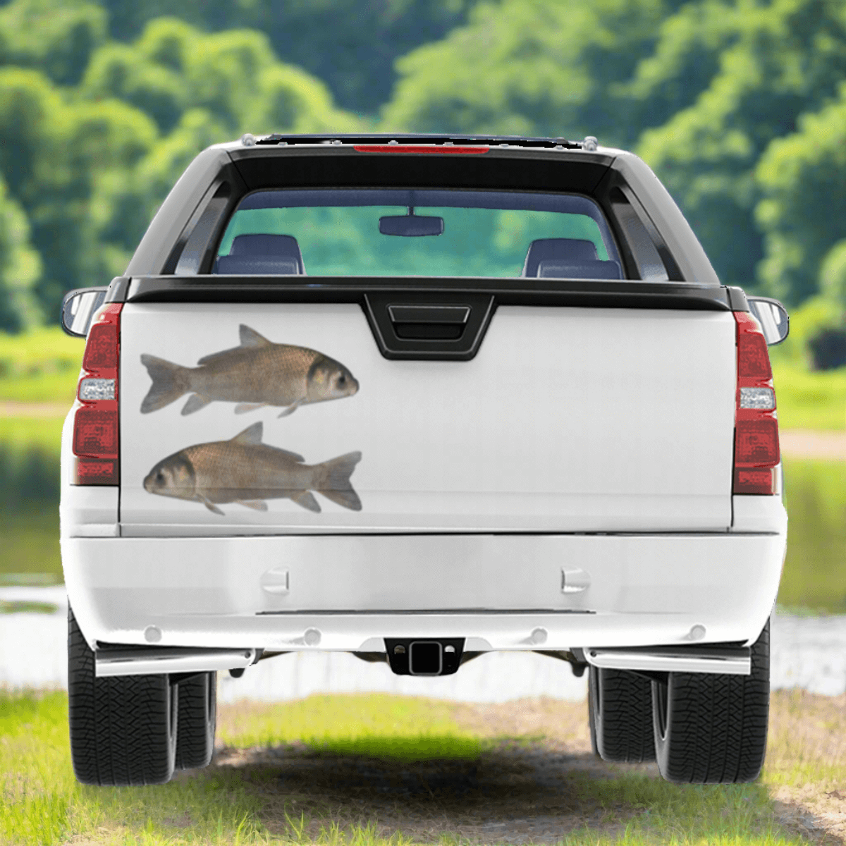 Black Buffalo decals on a white truck near a river.