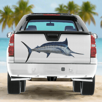 Large Blue Marlin decal on a truck near the ocean.