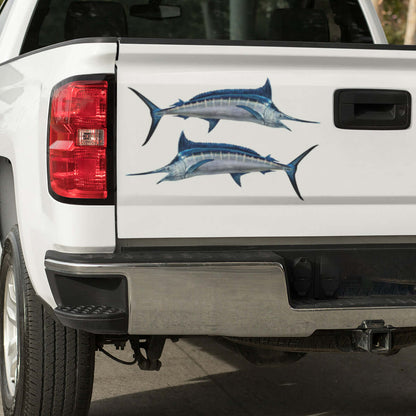 Blue Marlin large decals on a pickup truck.