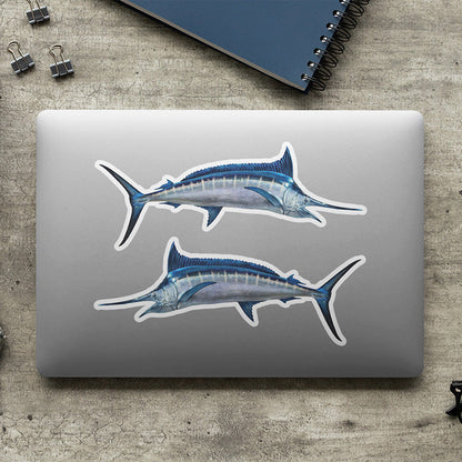 Blue Marlin stickers on a laptop.