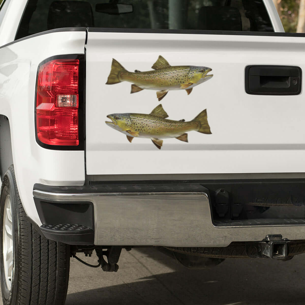 Brown Trout fishing decals on truck, customizable sizes 14-70", perfect for cars or trucks, waterproof vinyl, cool fish stickers.