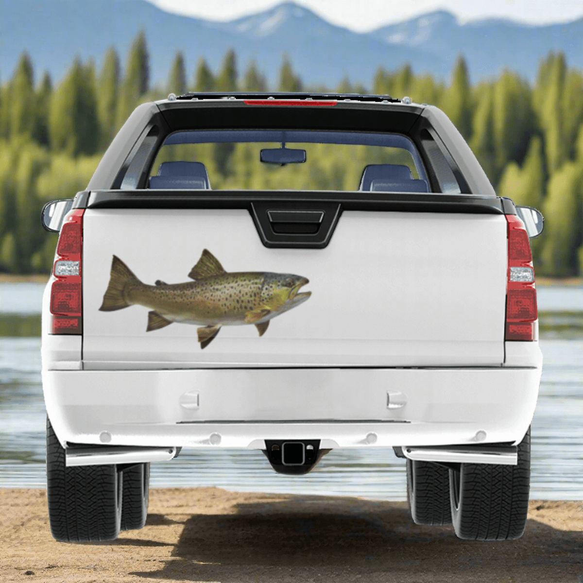 Customizable Brown Trout fishing decal on truck, perfect fish decals for cars with permanent adhesive and weatherproof vinyl.