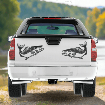 Brown Trout decals on truck showcasing customizable fishing decals available from 14" to 70" in black or white.