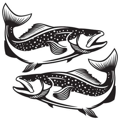 Customizable Brown Trout decals in black and white, available in sizes 14"-70". Perfect fish stickers for boats or cars.