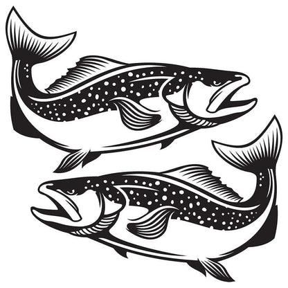 Brown trout fish wall decals in black and white, perfect for fish enthusiasts. Removable and customizable wall stickers available in matte white or black.