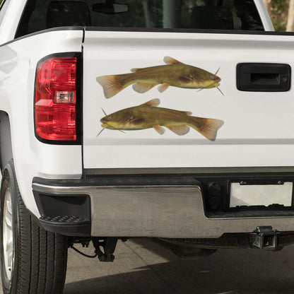 Large Bullhead Catfish decals on a pickup truck.