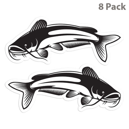 8 pack of left and right facing catfish stickers, perfect fishing decals for trucks and cars.