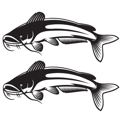 Customizable catfish wall decals, featuring two black and white designs, perfect for fishing enthusiasts. Ideal for large fish wall decor.