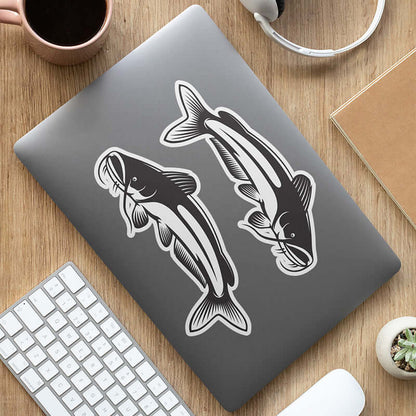 Catfish stickers on a laptop, perfect fishing decals for laptops or any surface.