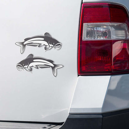 Catfish stickers on white car with red tail light, showcasing cool fish decals for trucks.