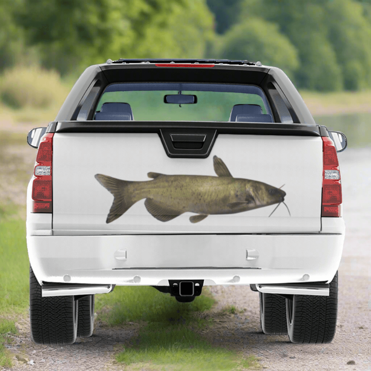 A large Channel Catfish decal on a pickup truck.