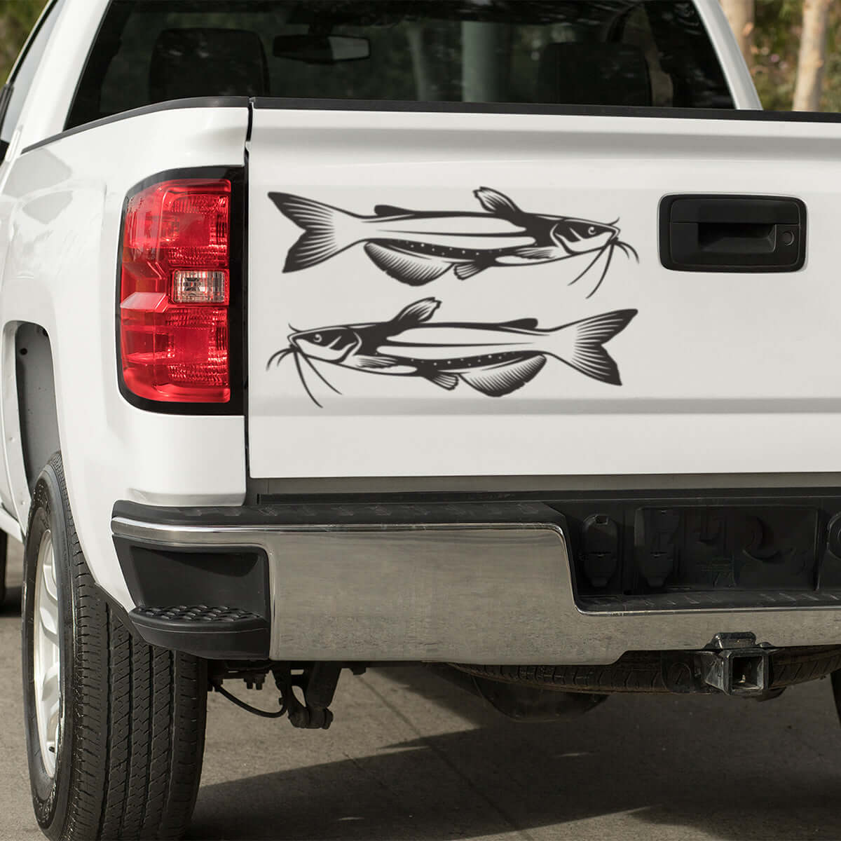 Channel Catfish large decals on a truck. Black color.