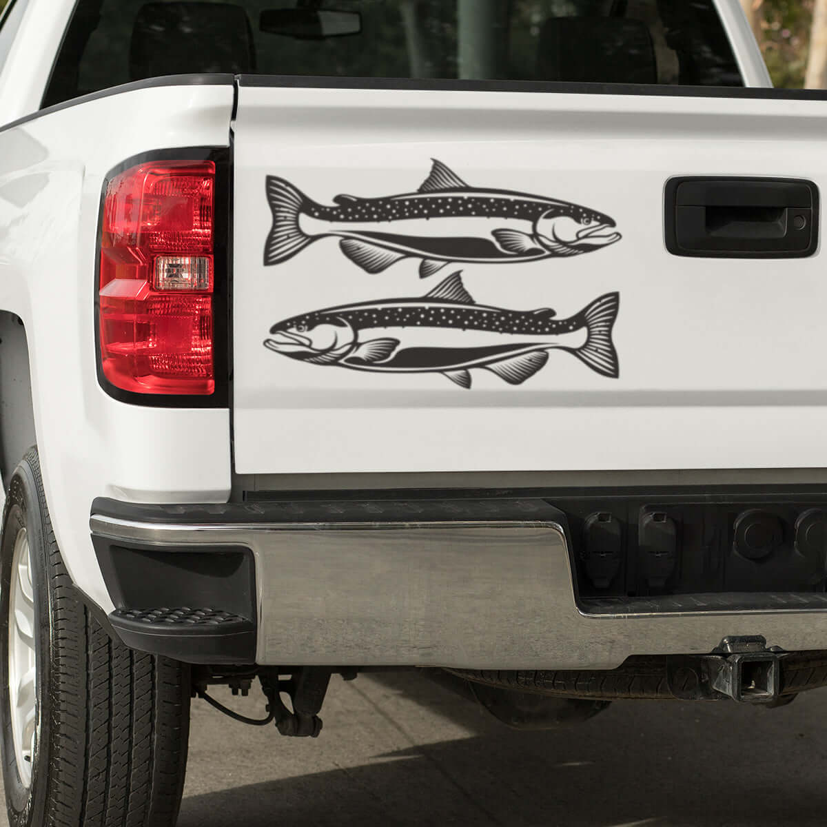 Chinook Salmon decals on a pickup truck.