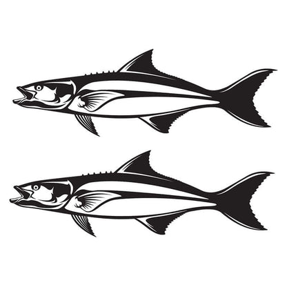 Two black and white cobia fish wall decals, showcasing left and right facing designs. Removable, non-damaging, perfect for fish enthusiasts.