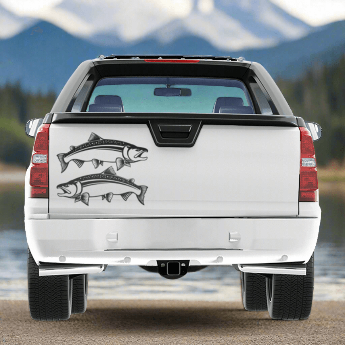 Customizable Coho Salmon fish decals on white truck, perfect for fishing enthusiasts. Available in black or white, 14"-70".