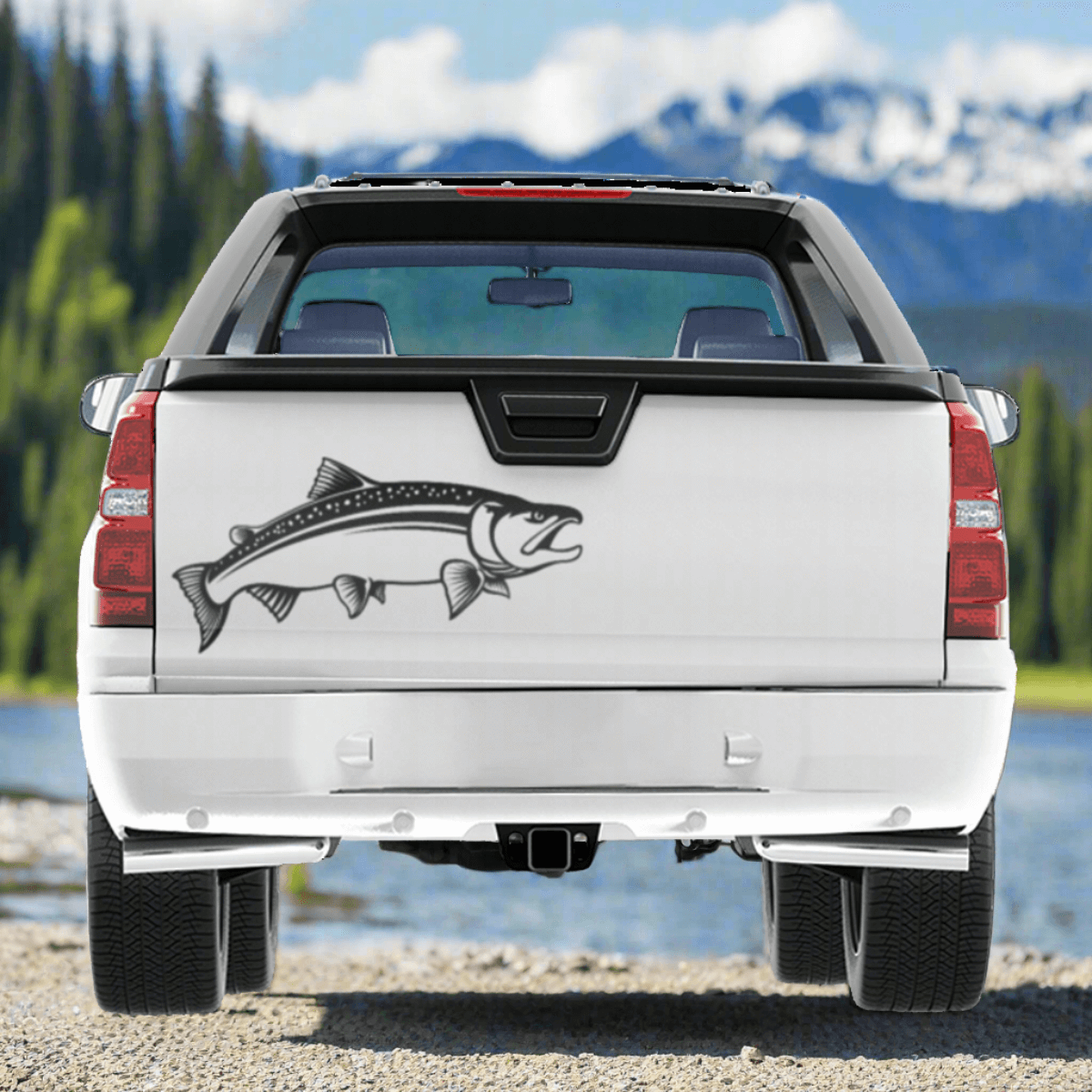 Coho Salmon fish decal on truck, customizable 14"-70", marine-grade vinyl, fishing decals for trucks, perfect for outdoor adventures.