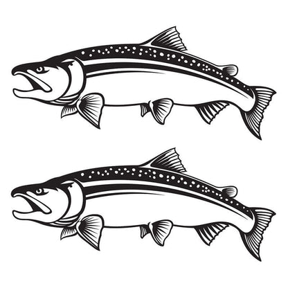 Two black and white Coho Salmon fish wall decals, available in matte white or black. Perfect for fish enthusiasts.