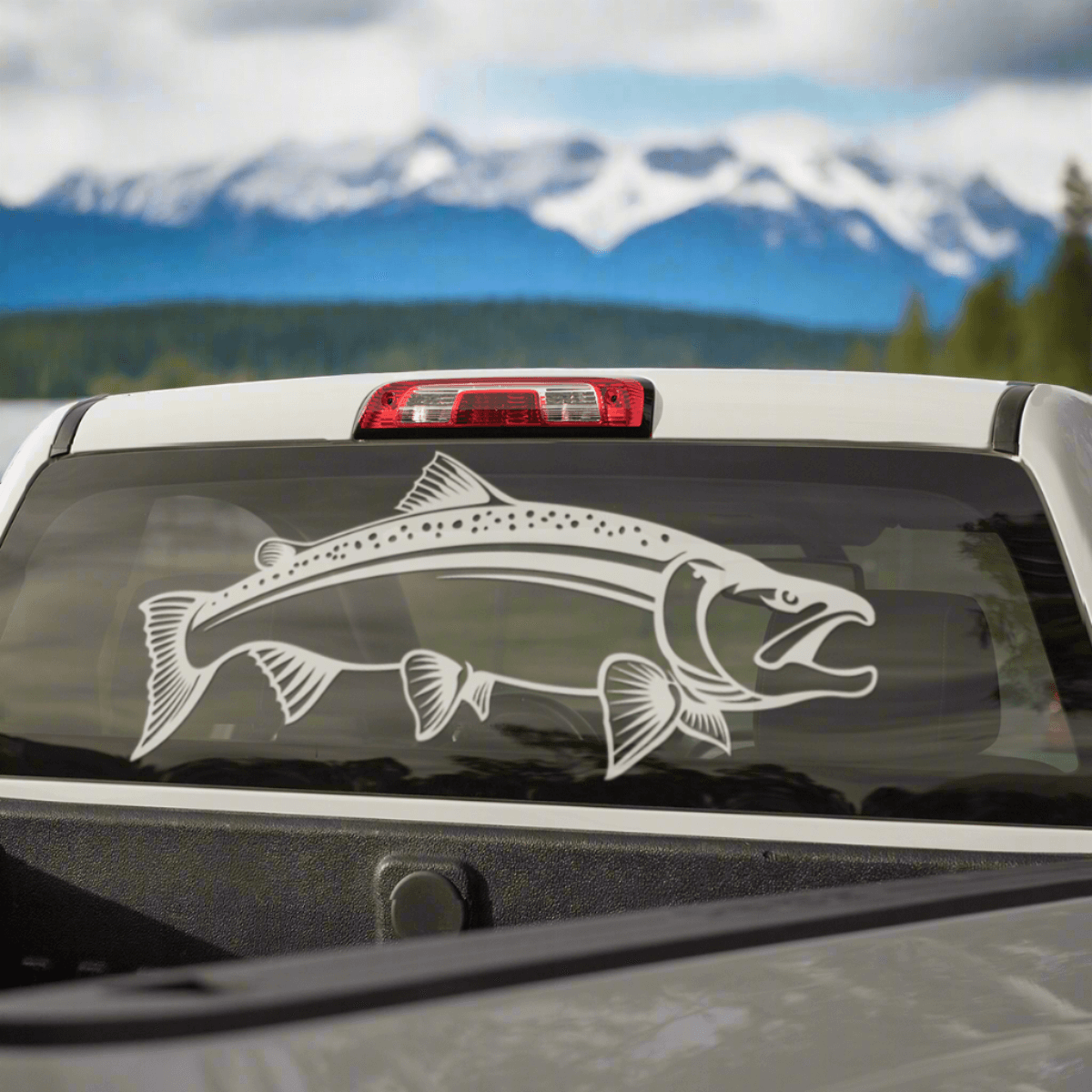 Coho Salmon decal on truck window, customizable 14"-70", perfect fish decal for cars, available in black or white vinyl.