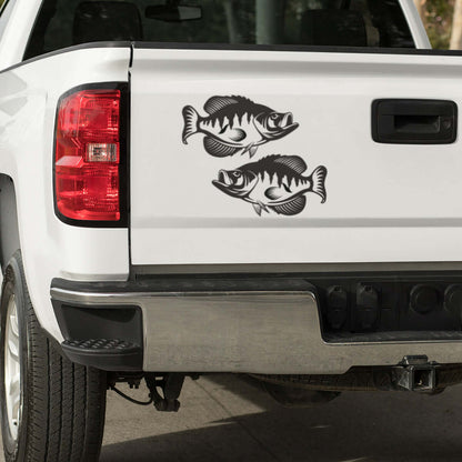 Crappie fish decals on truck tailgate, perfect fishing decals for trucks with black marine-grade vinyl for outdoor use.