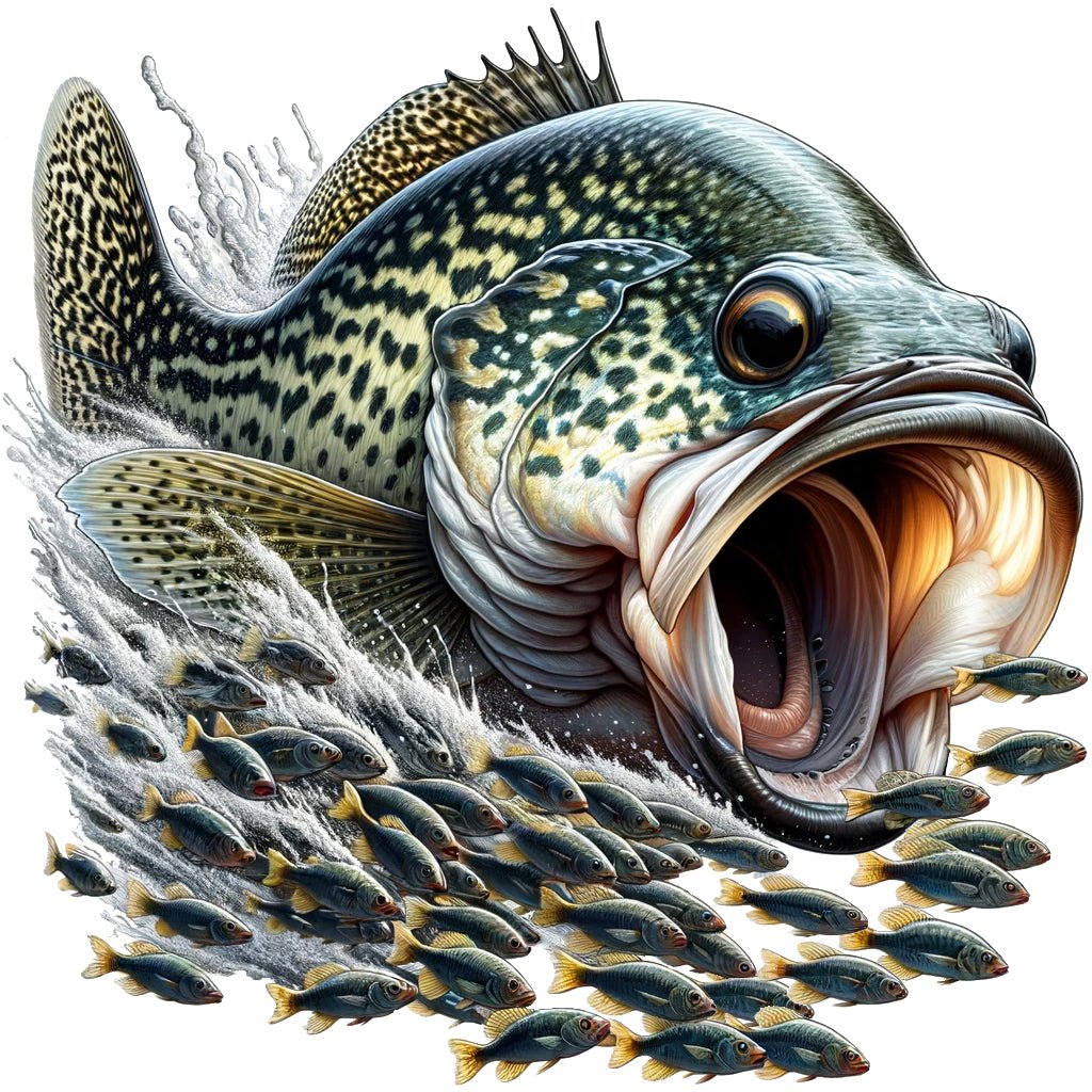 Large crappie fish chasing a school of smaller fish - fishing wall decals illustration