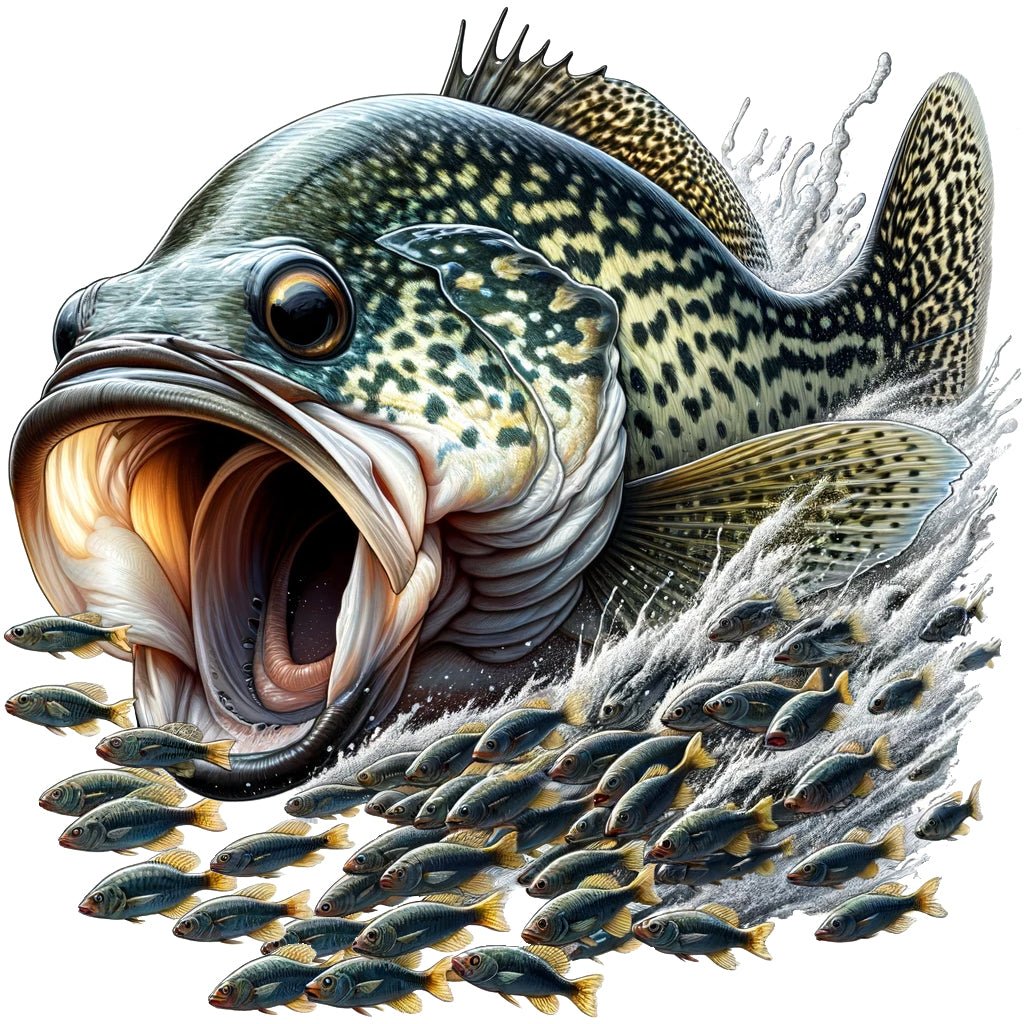 Large crappie fish wall decal with multiple smaller fish, perfect for fishing enthusiasts.