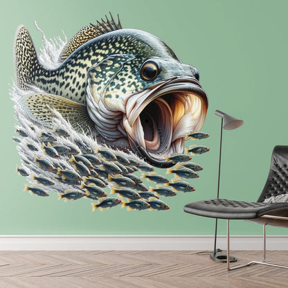 Crappie fish wall decal with a large fish swimming through a school of smaller fish on a green wall.