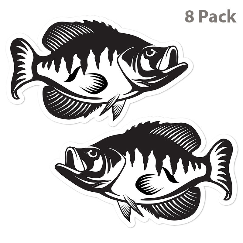 Crappie stickers, black and white, 5 inch, 8 pack.